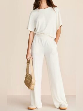 Beige Two-Piece Lounge signature soft Set - Crop Tee & Wide-Leg Pants